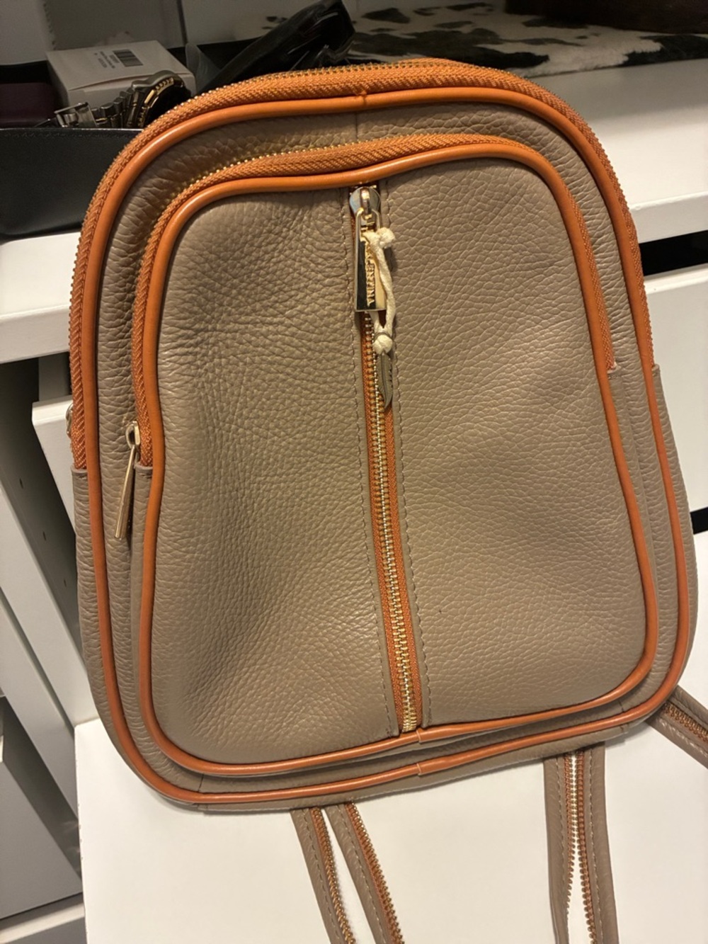 Valentino Italian Taupe Leather, doomed Backpack & Sling bag Convertible.